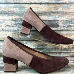 Vaneli Pumps Shoes Size 6.5M Colorblock Brown Suede Block Heel Almond Toe Ladies